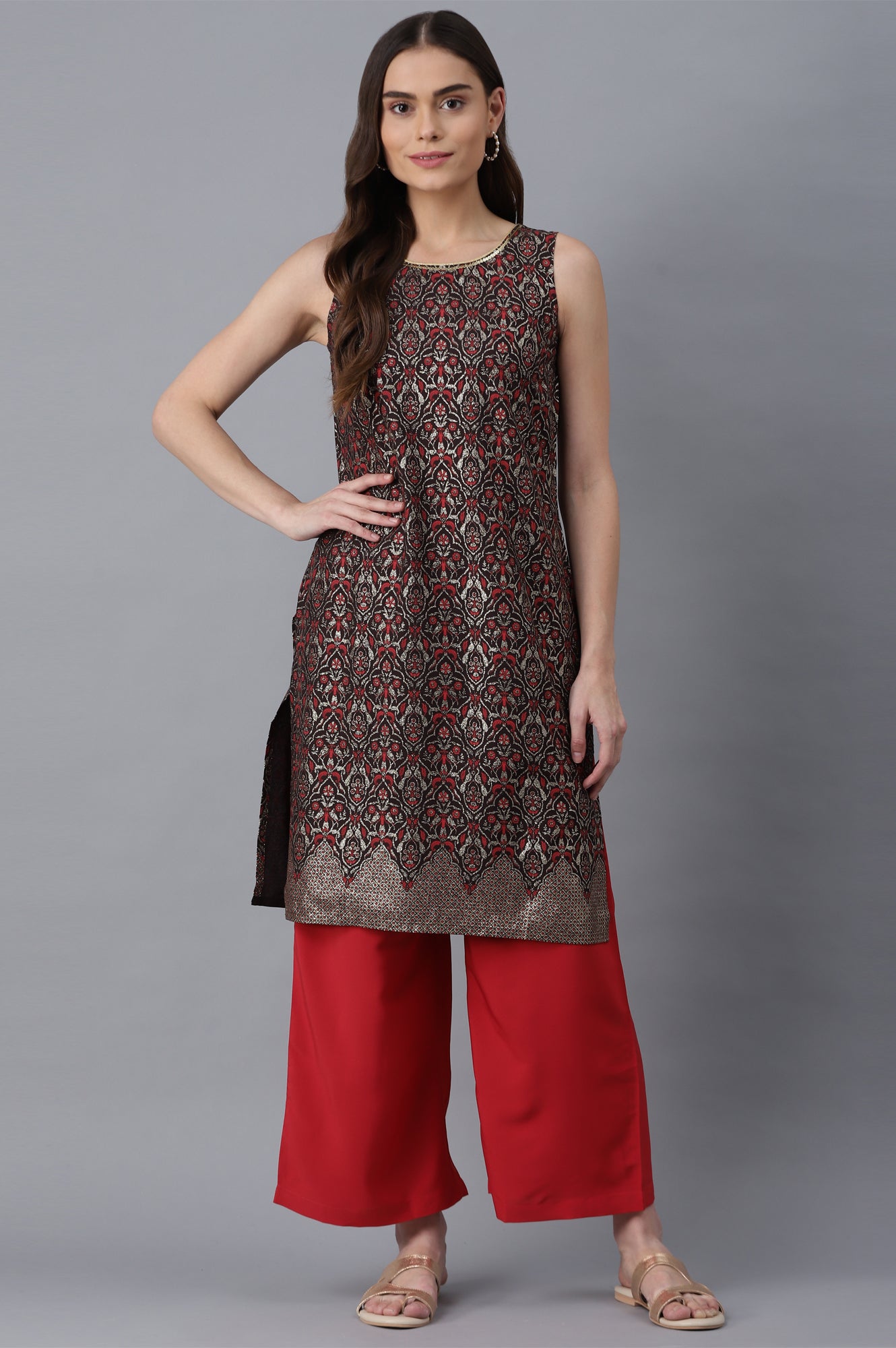 Grey kurta-Red Palazzo Set