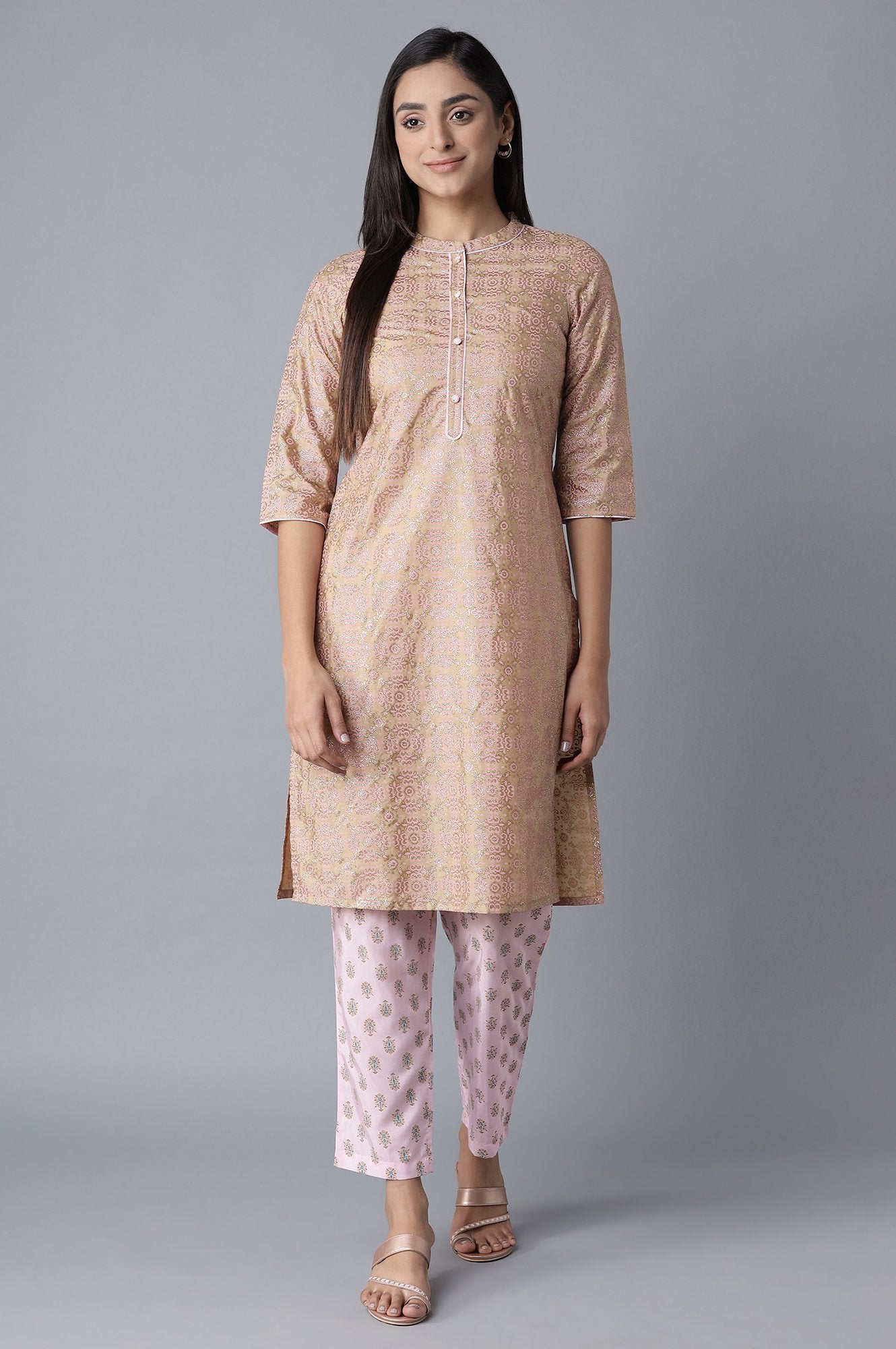 Beige Glitter Print kurta-Pink Trousers Set