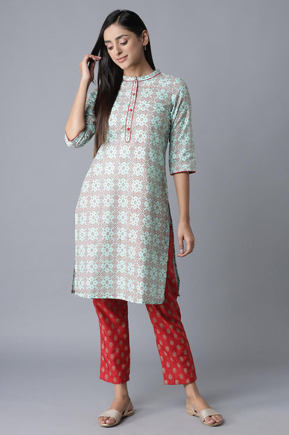 Blue Glitter Print kurta-Red Trousers Set