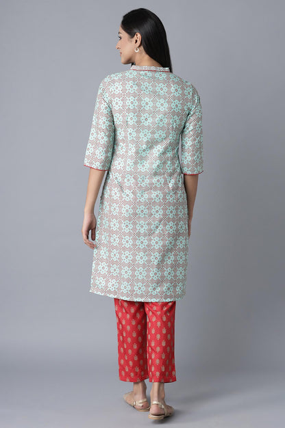 Blue Glitter Print kurta-Red Trousers Set