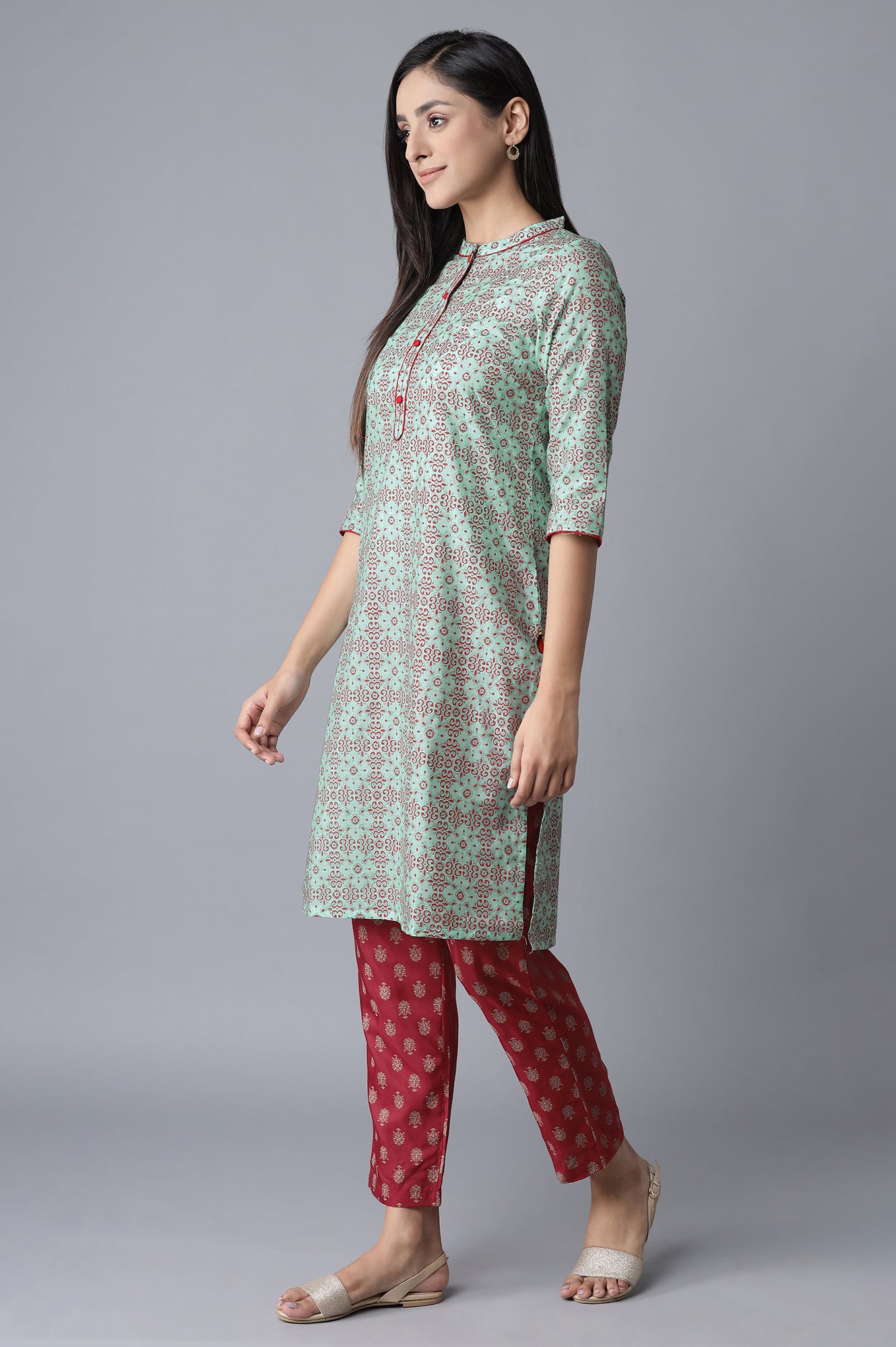 Blue Glitter Print kurta-Red Trousers Set