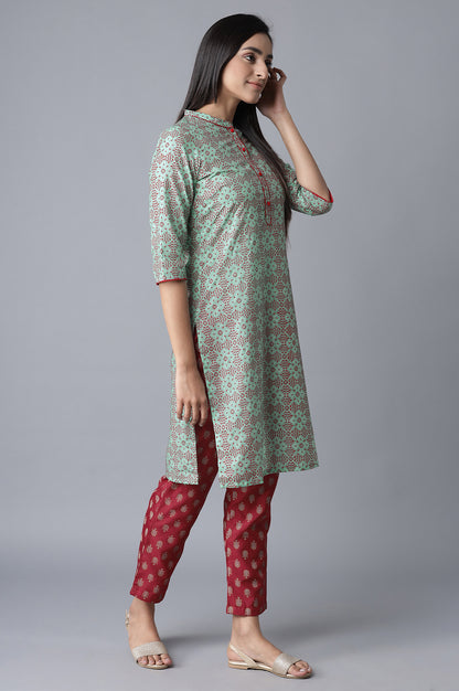 Blue Glitter Print kurta-Red Trousers Set