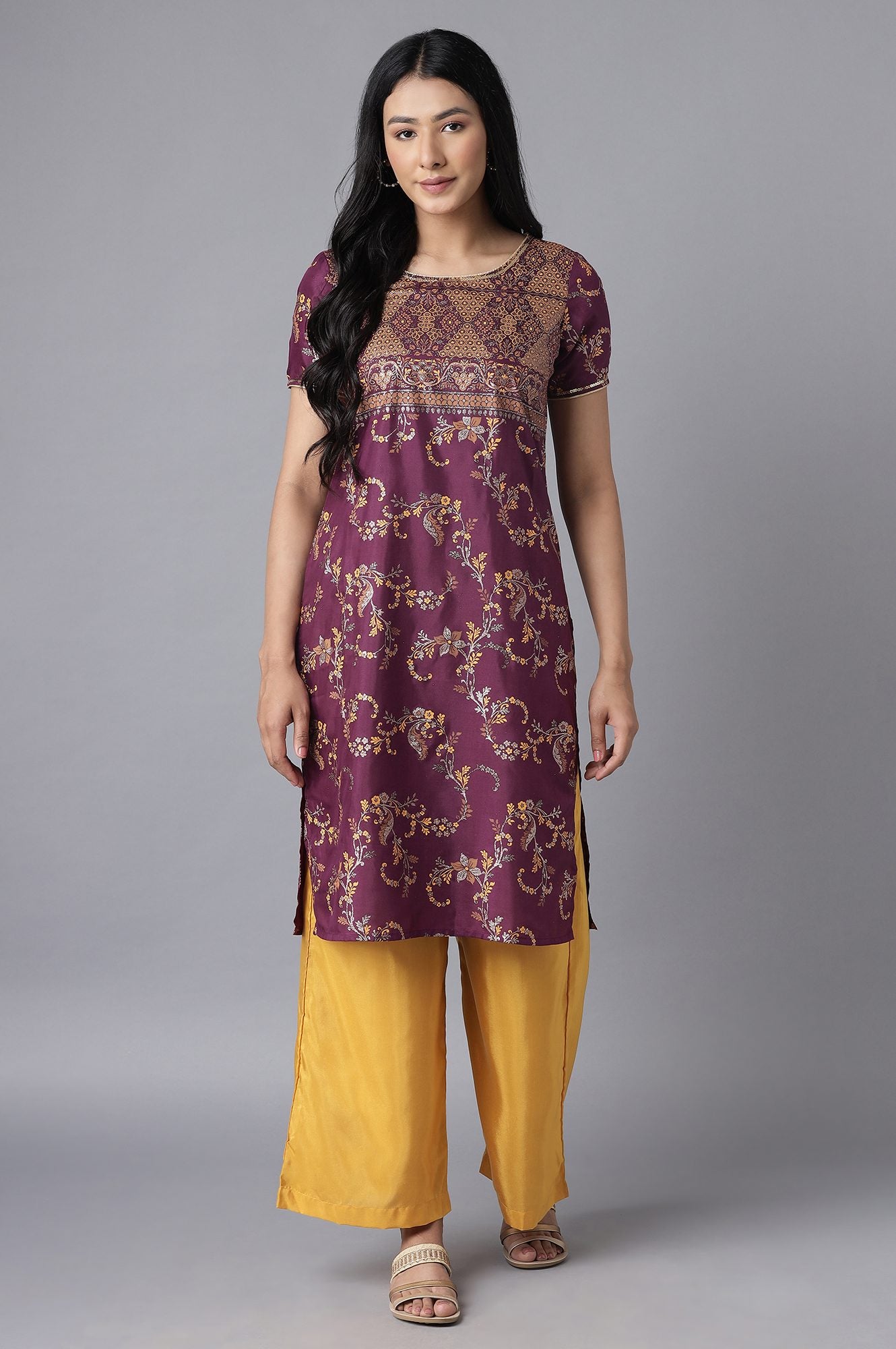 Purple kurta-Yellow Palazzo Set