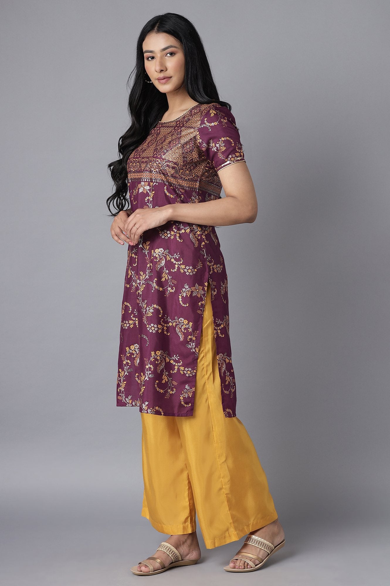 Purple kurta-Yellow Palazzo Set