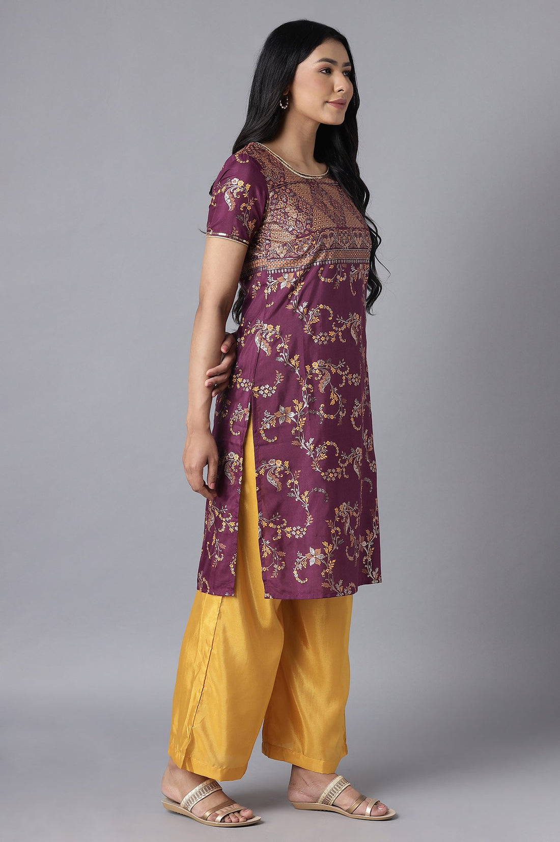 Purple kurta-Yellow Palazzo Set