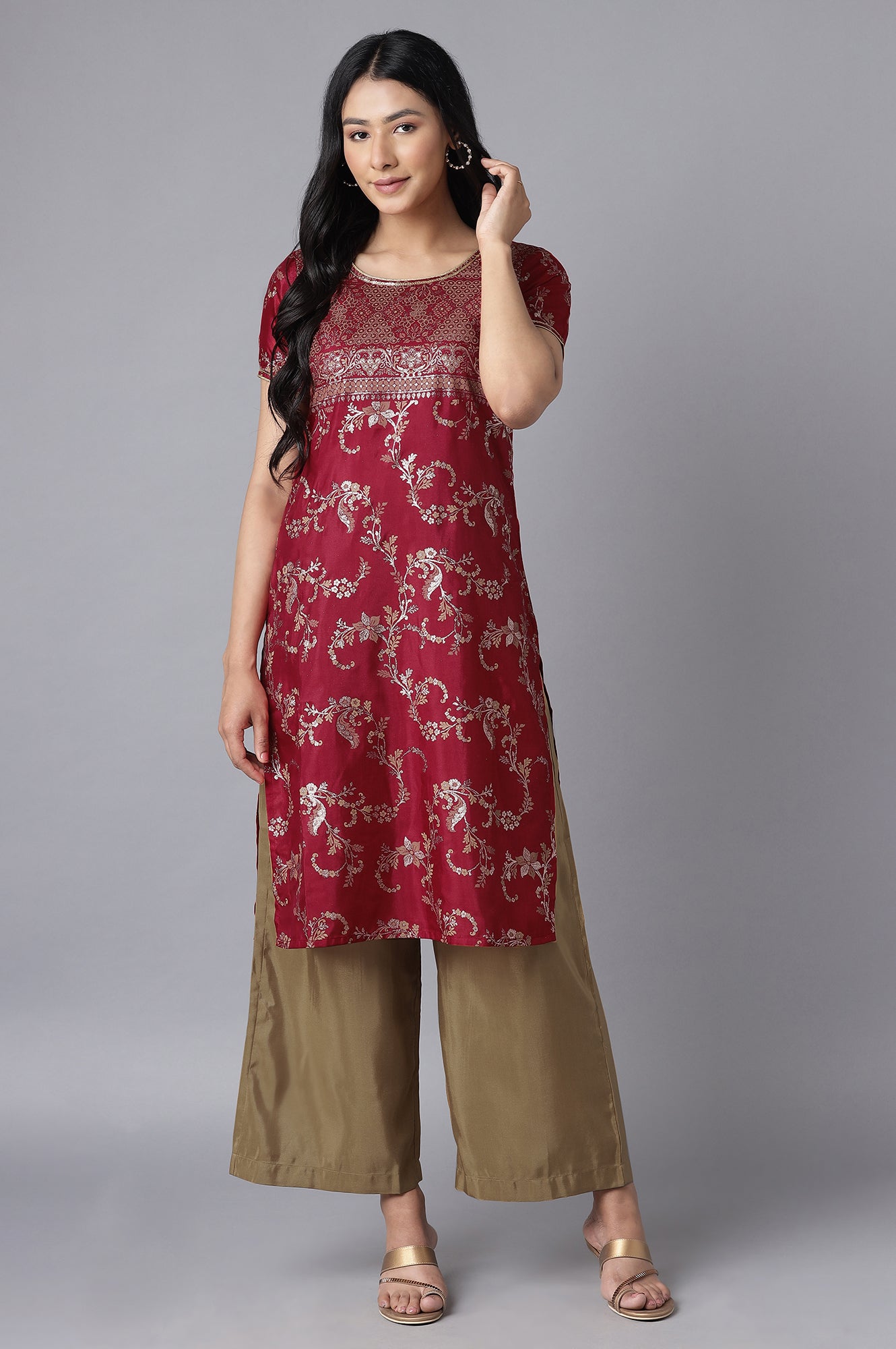 Red kurta-Beige Palazzo Set