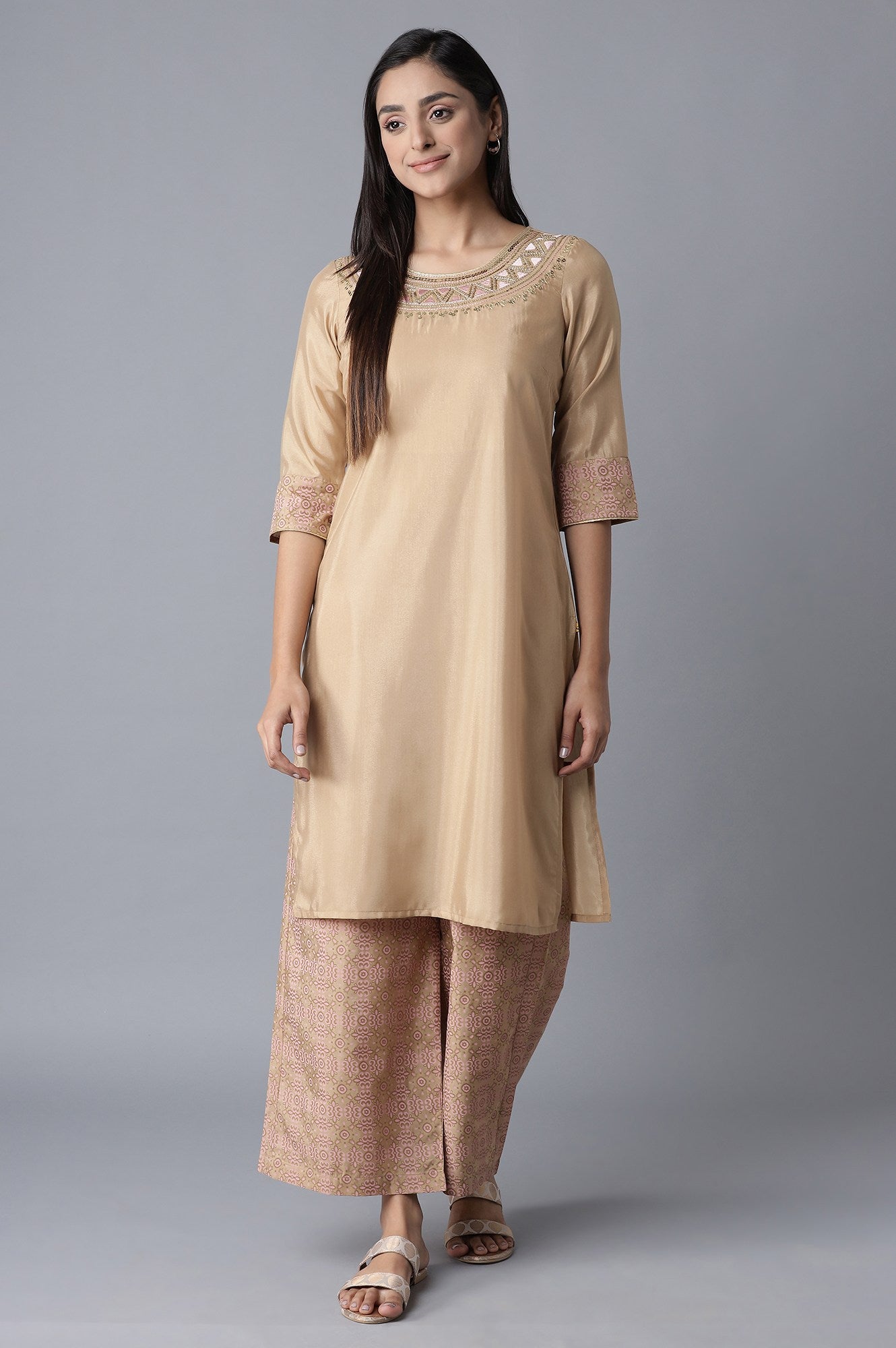 Beige kurta-Straight Palazzo Set