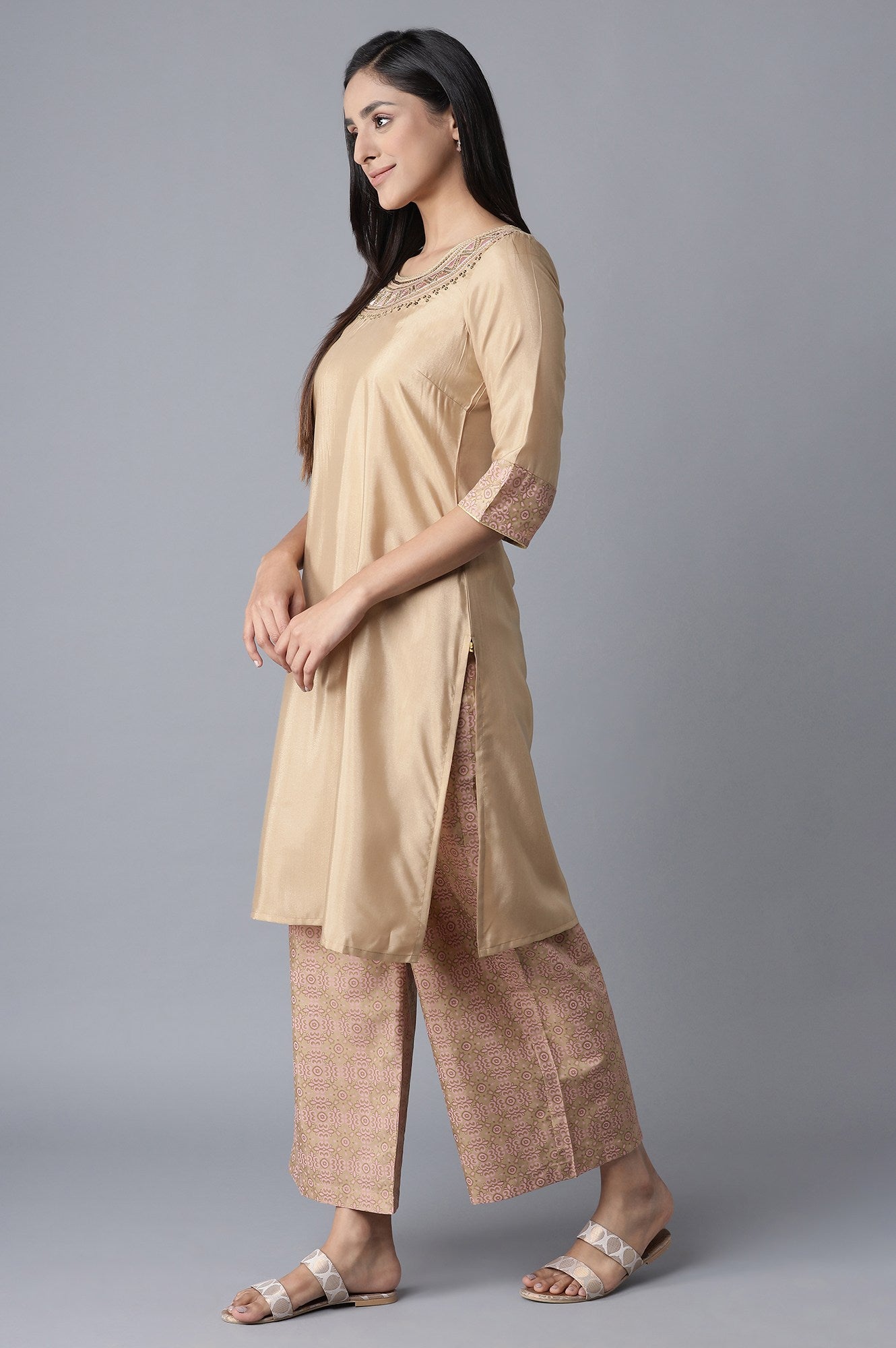 Beige kurta-Straight Palazzo Set