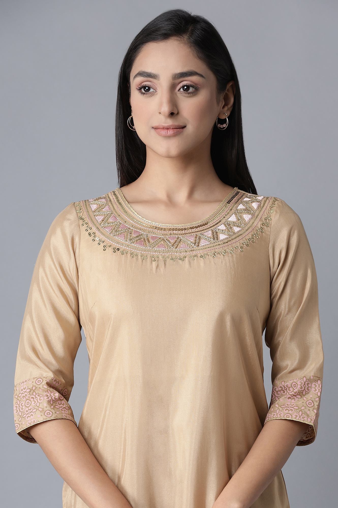 Beige kurta-Straight Palazzo Set