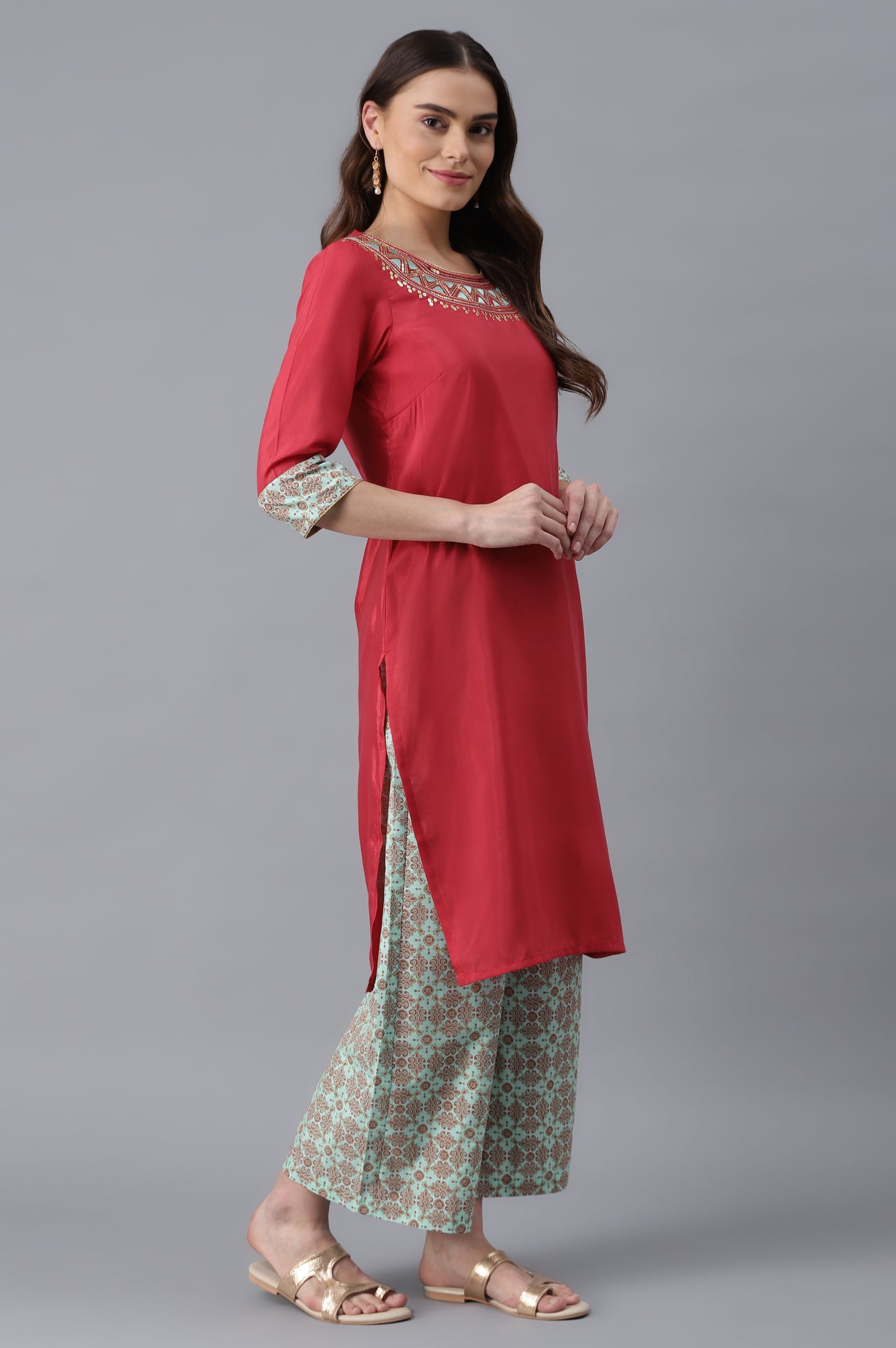 Pink kurta-Green Palazzo Set