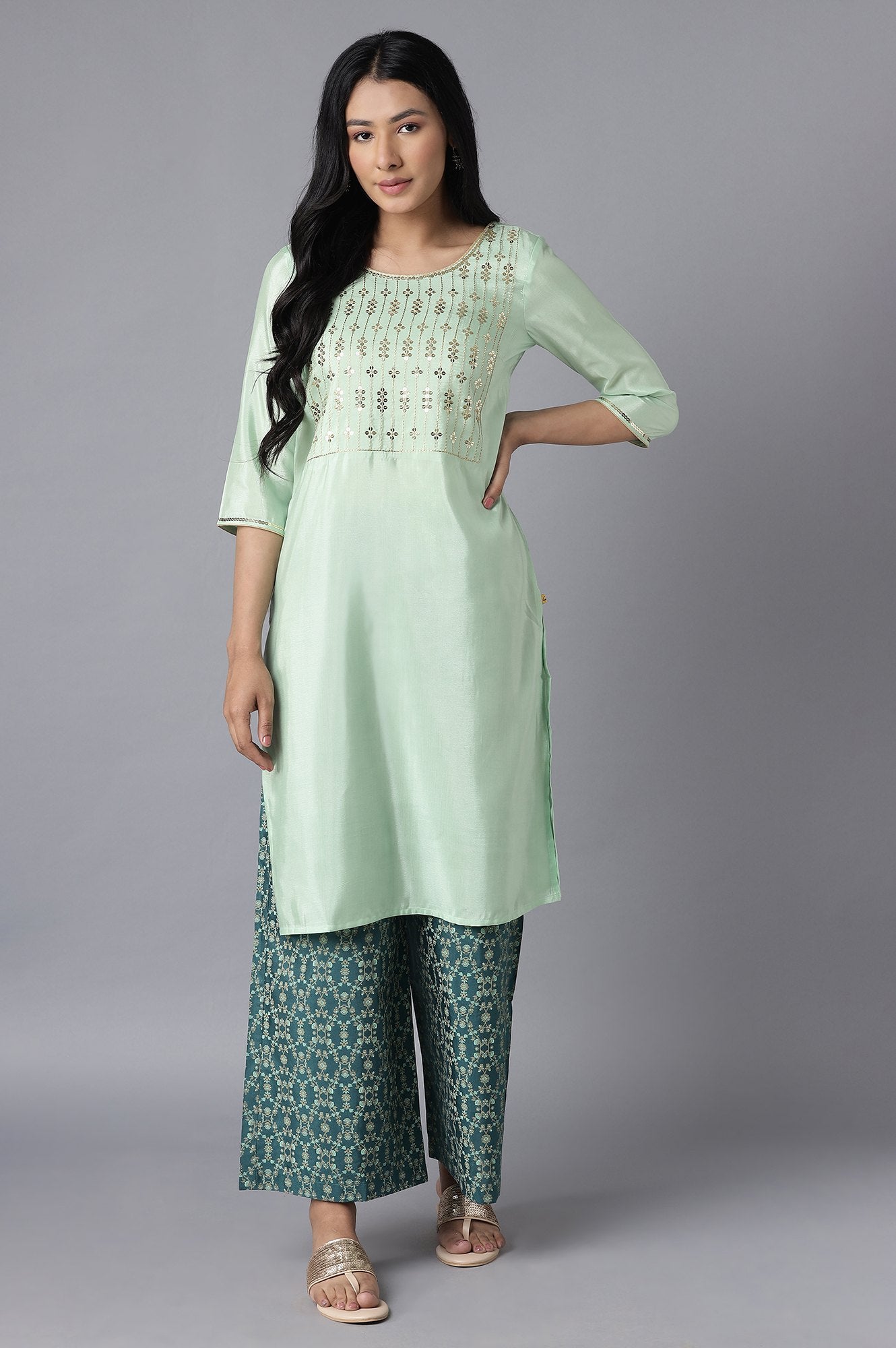 Green Embroidered kurta-Palazzo Set