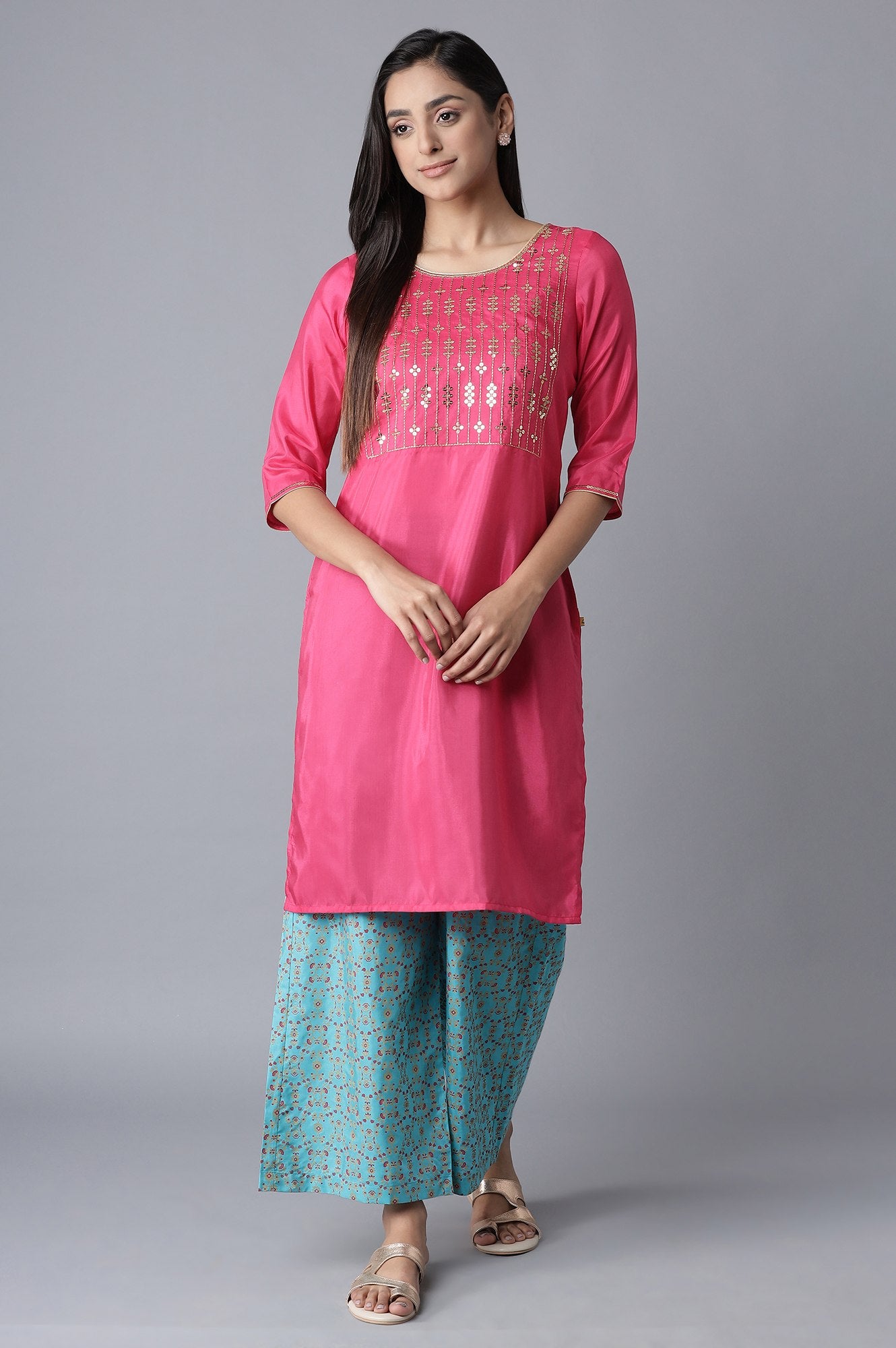 Pink Embroidered kurta-Blue Palazzo Set