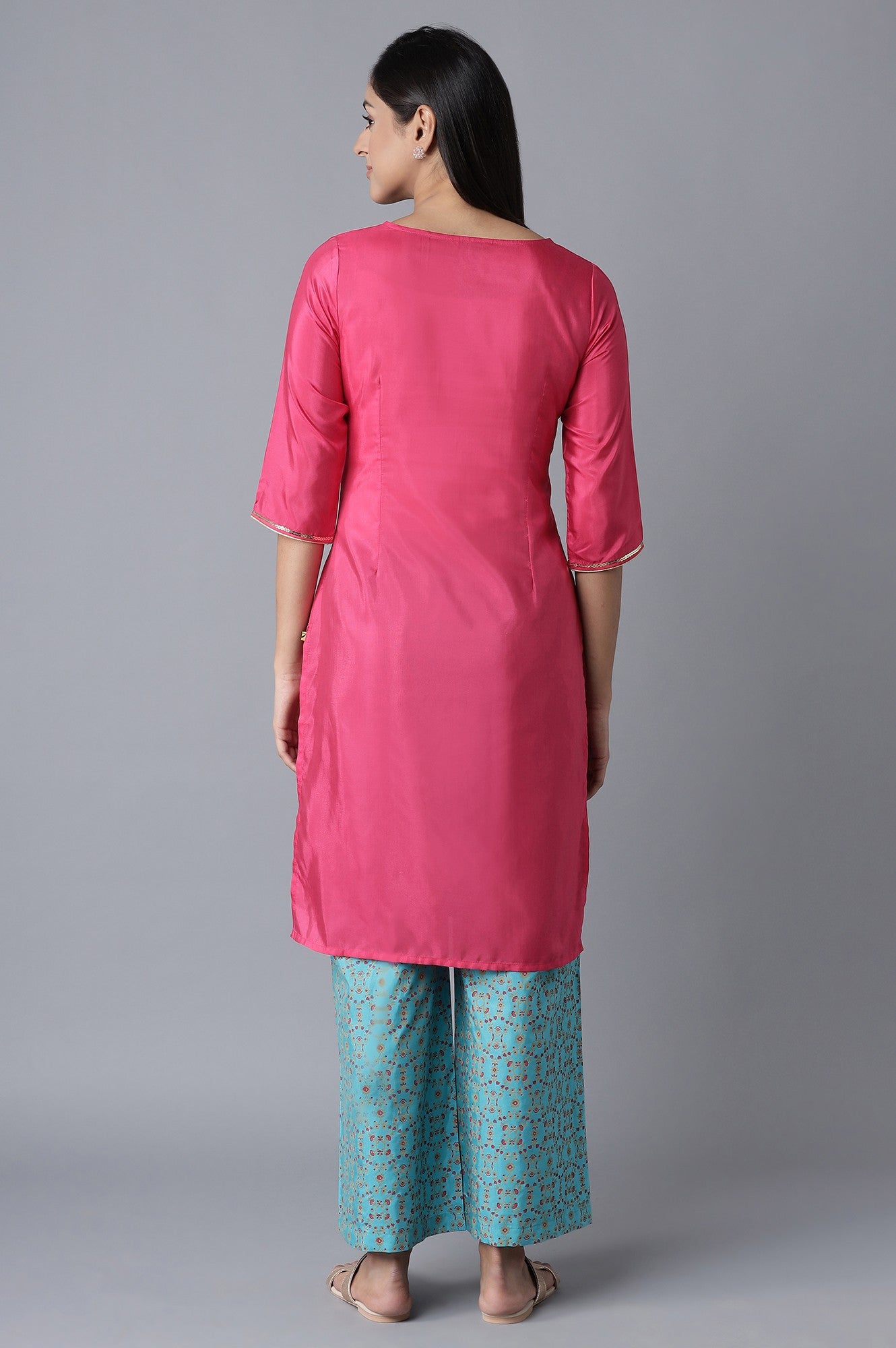 Pink Embroidered kurta-Blue Palazzo Set