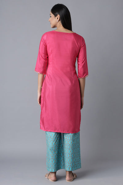 Pink Embroidered kurta-Blue Palazzo Set