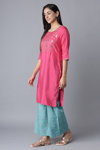 Pink Embroidered kurta-Blue Palazzo Set