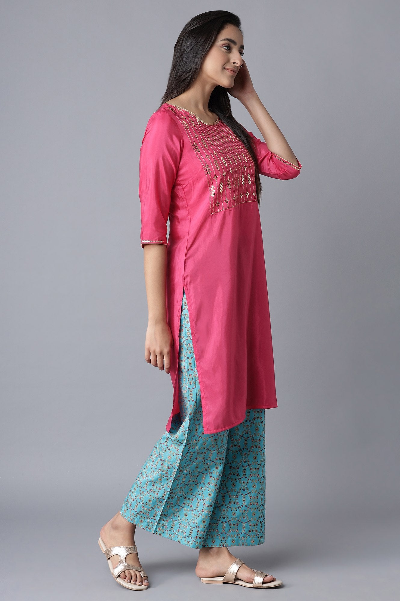 Pink Embroidered kurta-Blue Palazzo Set