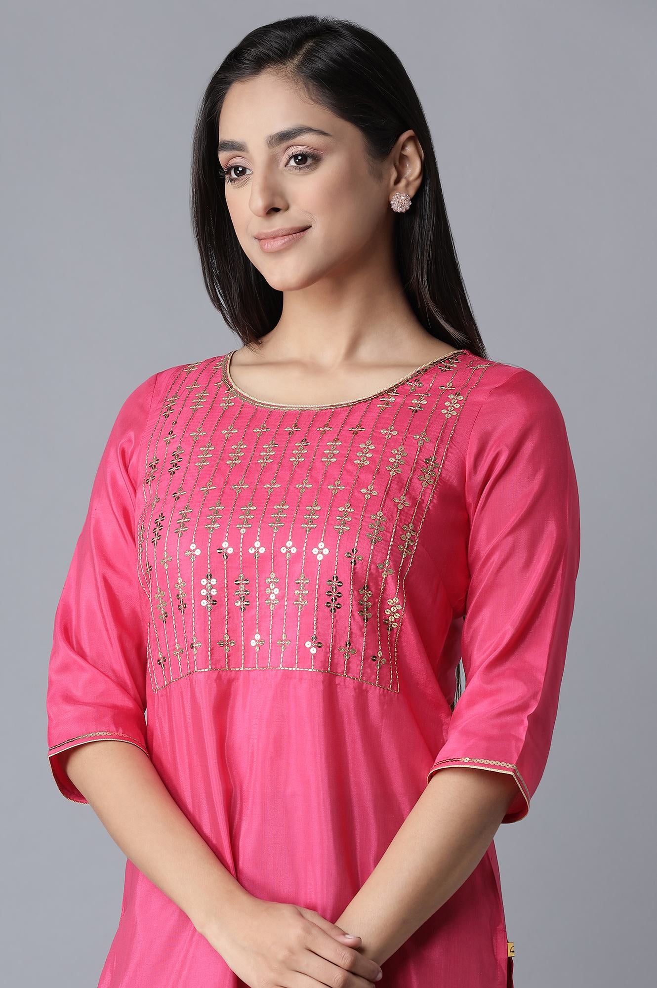 Pink Embroidered kurta-Blue Palazzo Set