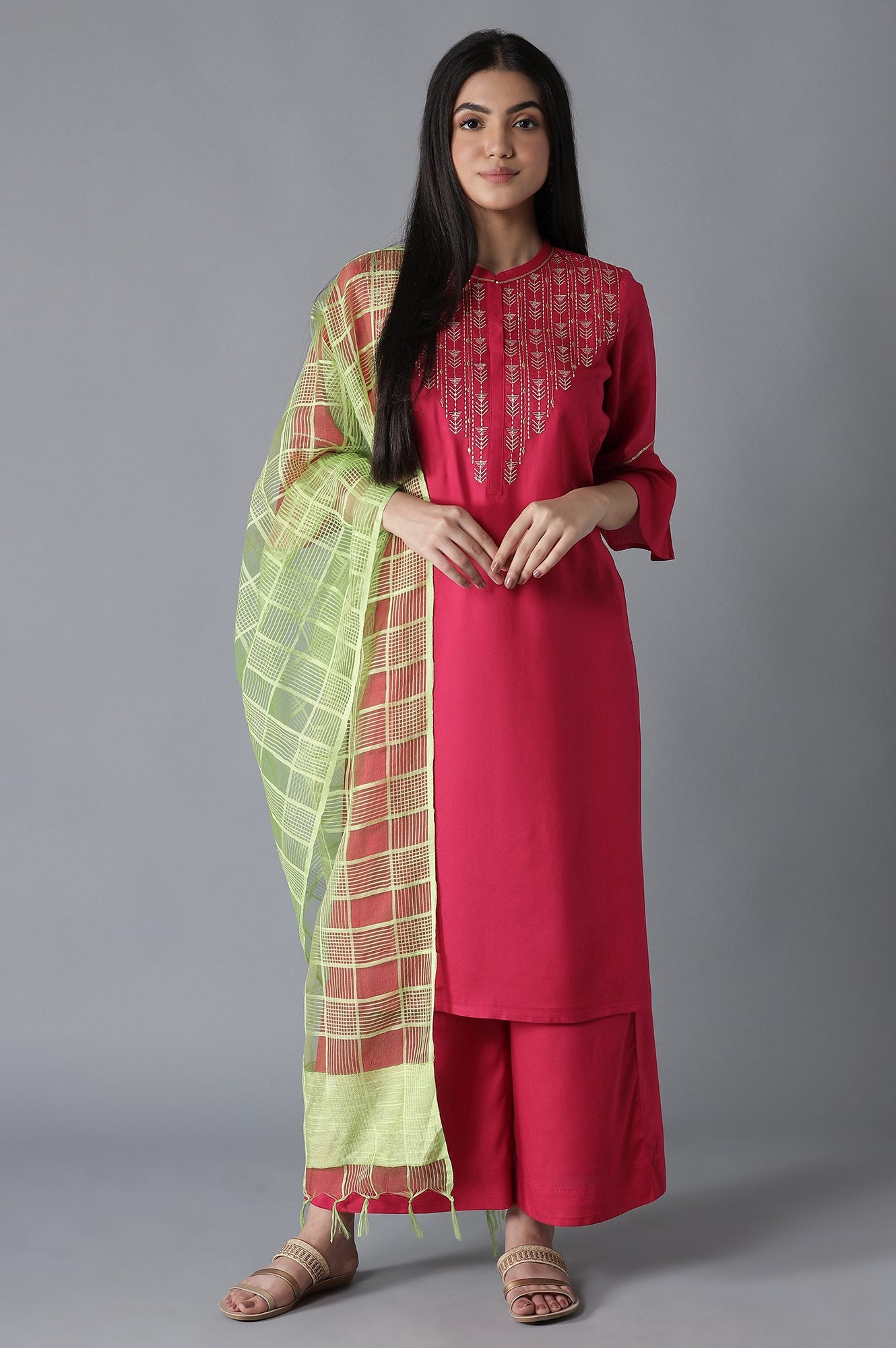 Pink Embroidered kurta Palazzos Dupatta Set