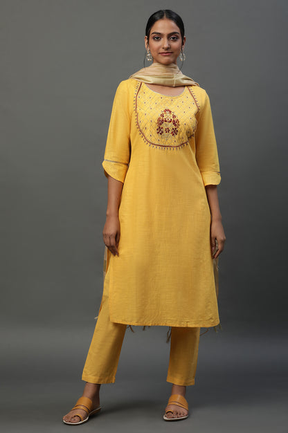 Yellow Embroidered Kurta-Palazzo-Golden Dupatta