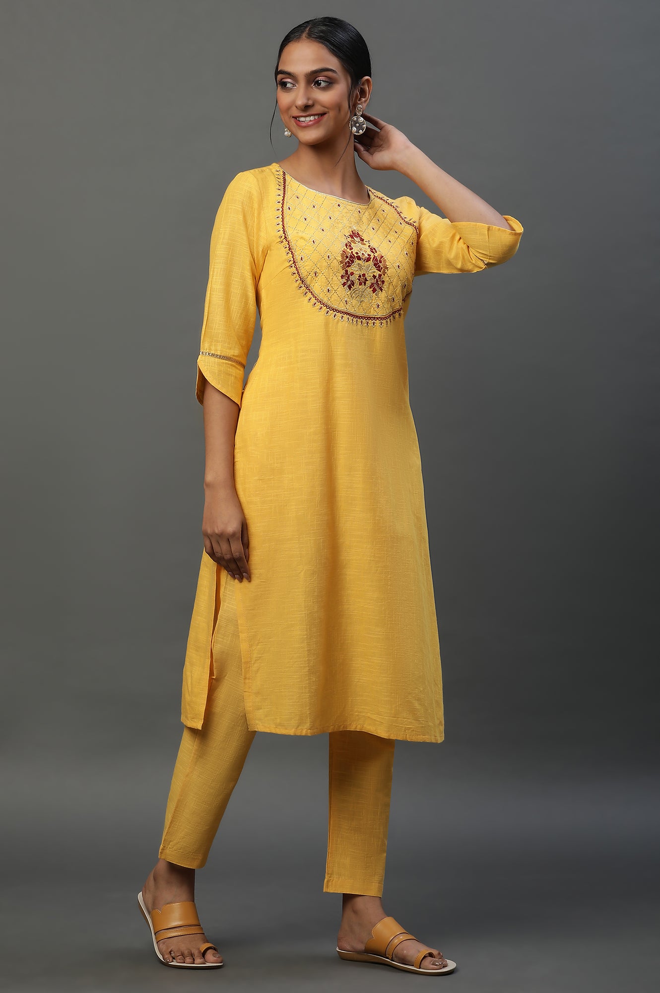 Yellow Embroidered Kurta-Palazzo-Golden Dupatta