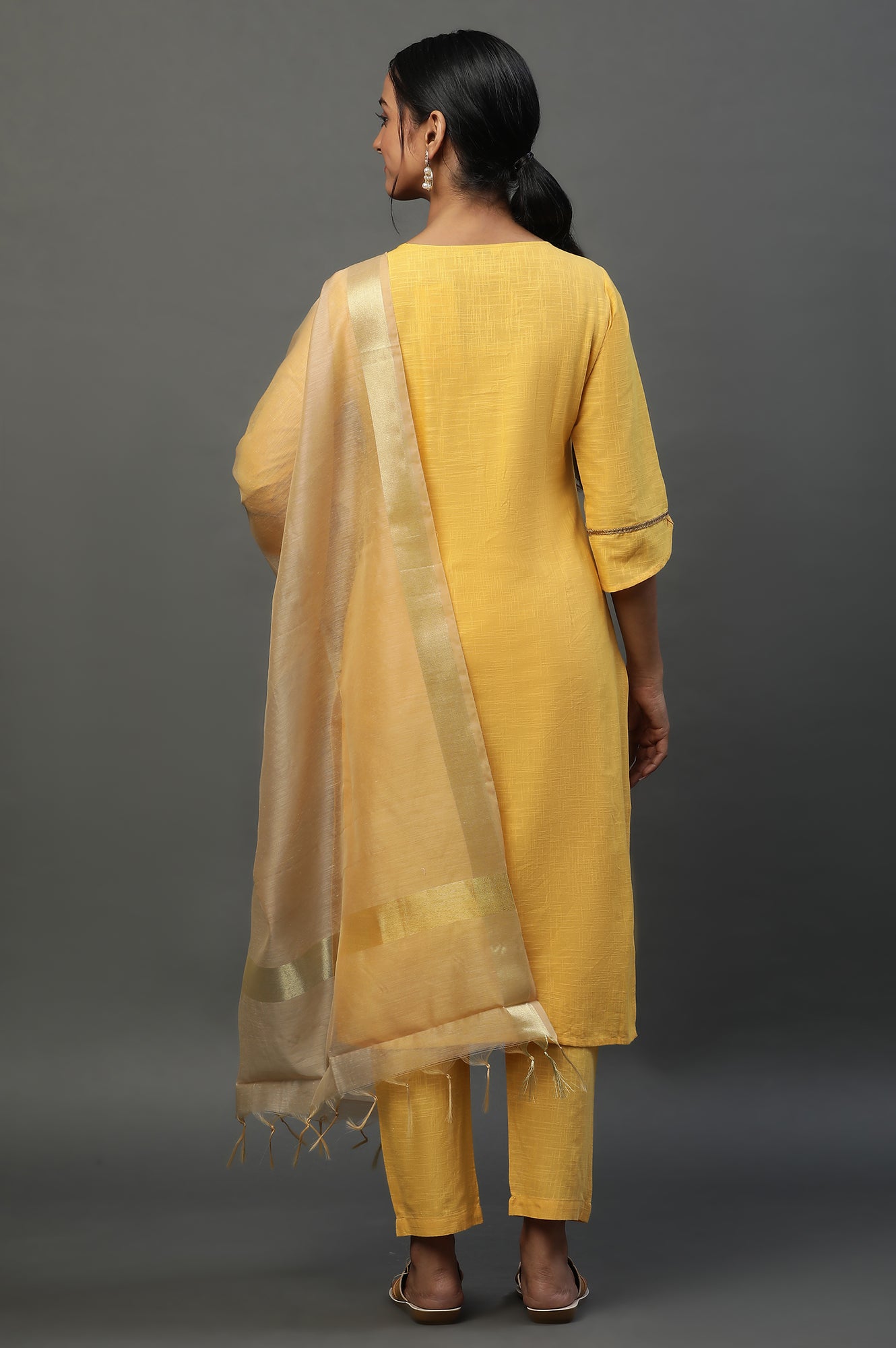 Yellow Embroidered Kurta-Palazzo-Golden Dupatta