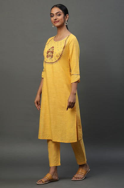 Yellow Embroidered Kurta-Palazzo-Golden Dupatta