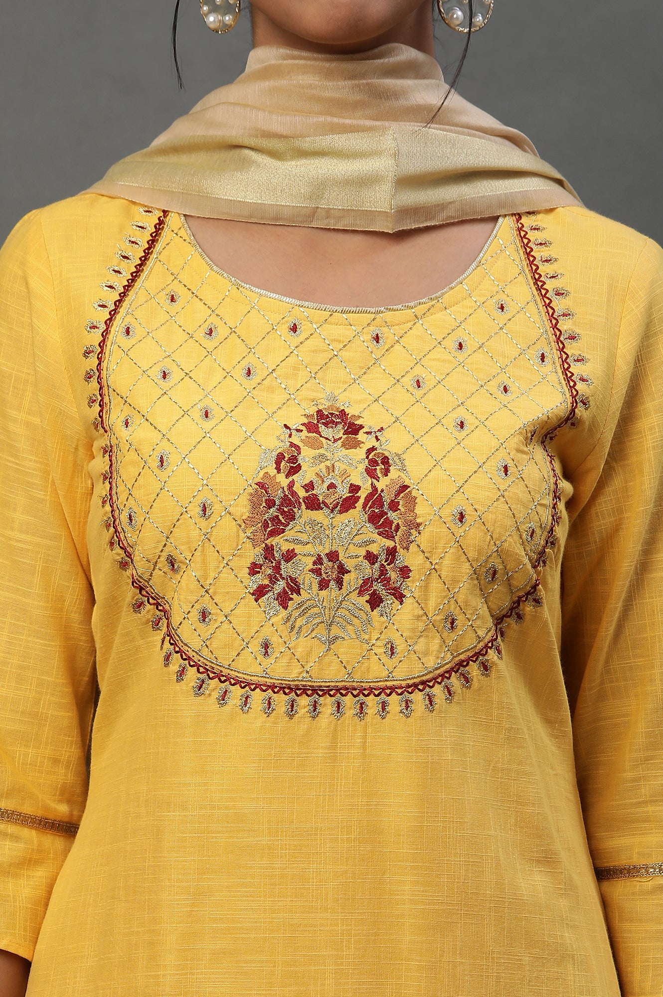 Yellow Embroidered Kurta-Palazzo-Golden Dupatta