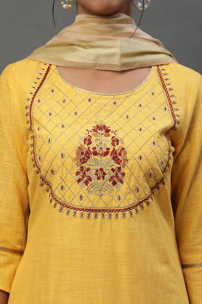 Yellow Embroidered Kurta-Palazzo-Golden Dupatta