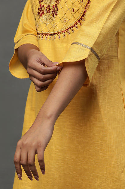 Yellow Embroidered Kurta-Palazzo-Golden Dupatta