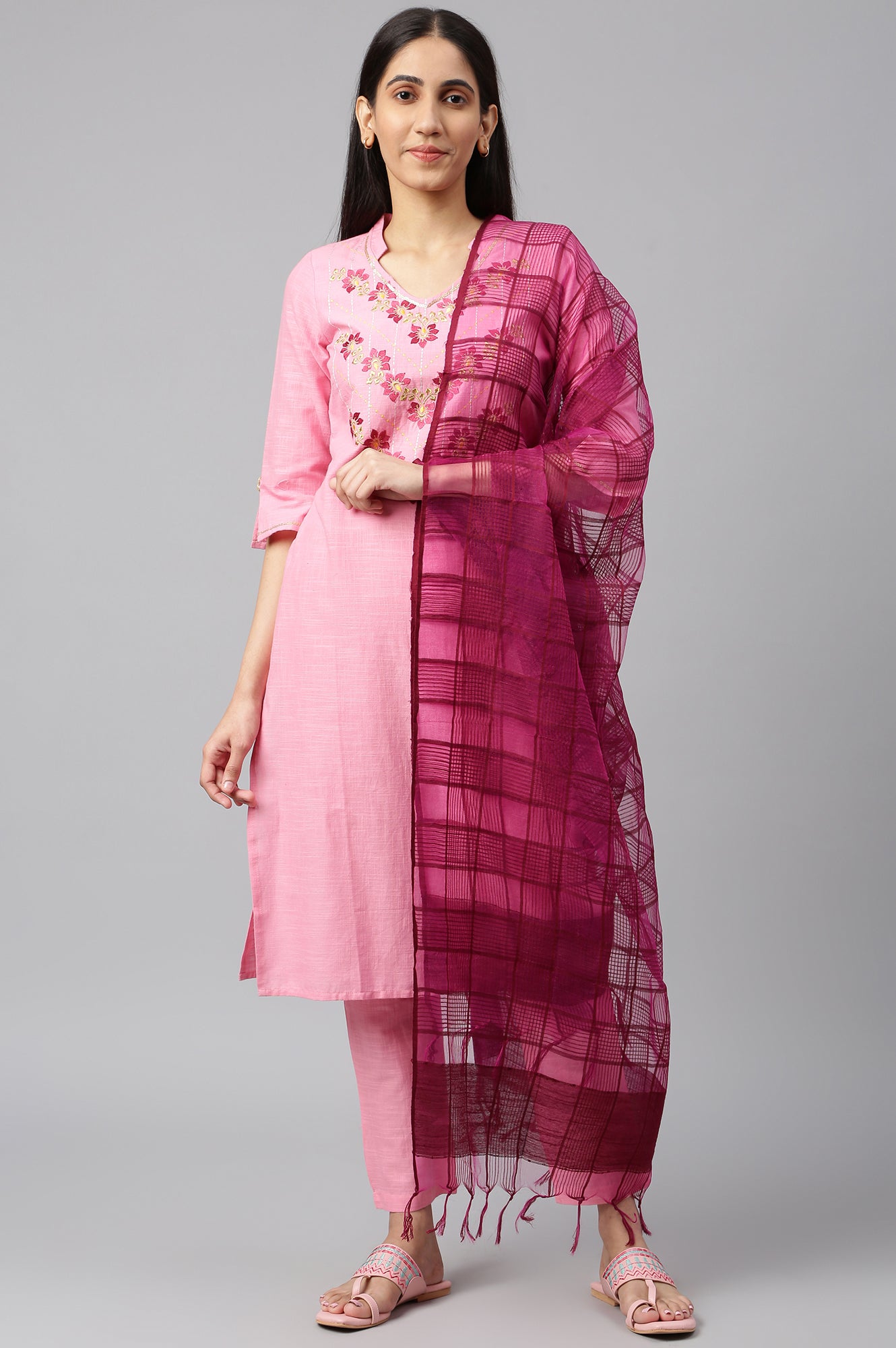 Pink Embroidered kurta-Trousers-Dupatta Set