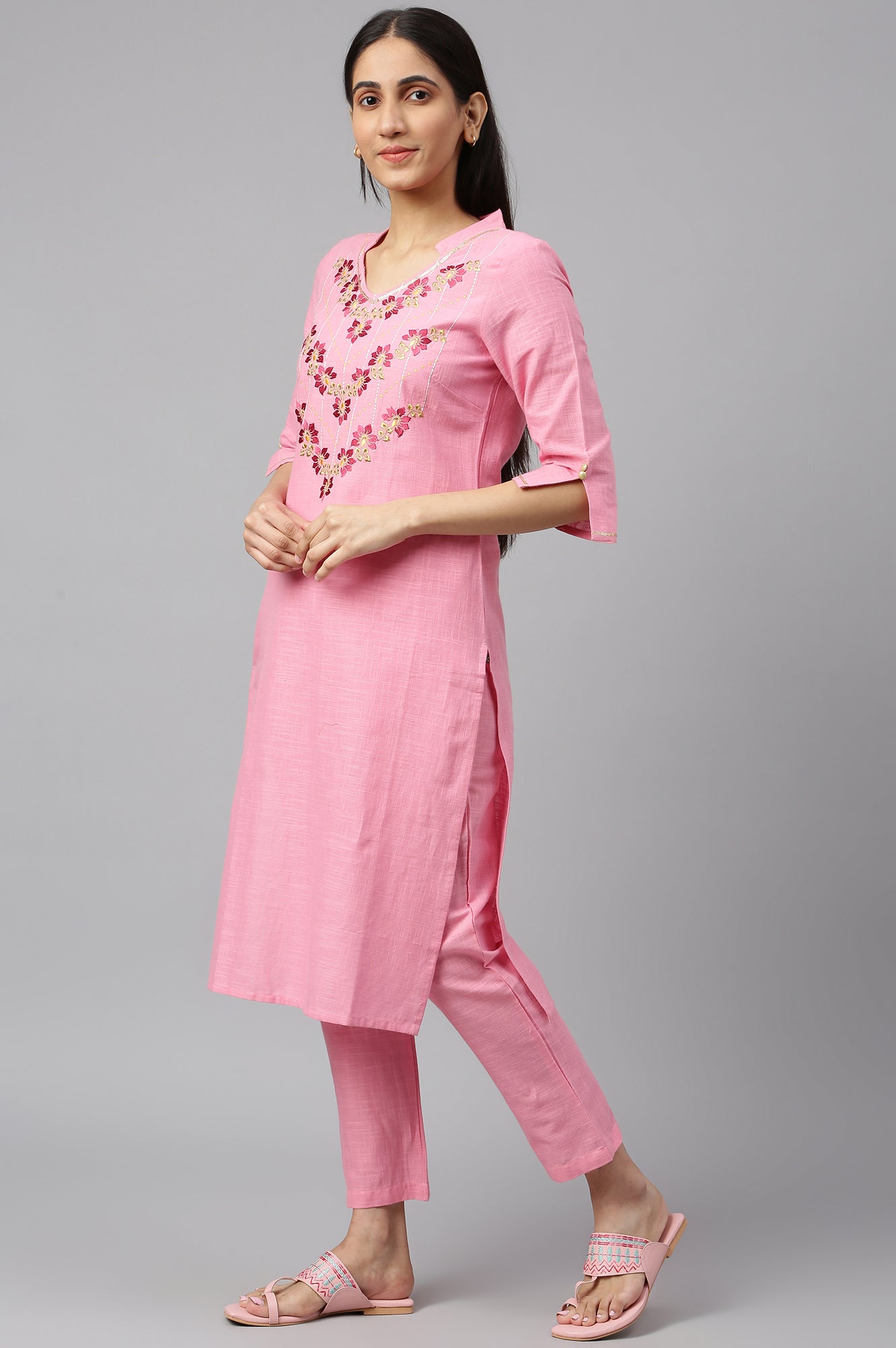 Pink Embroidered kurta-Trousers-Dupatta Set