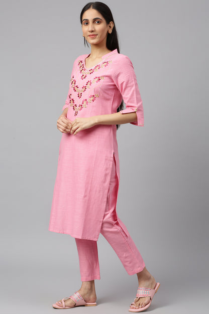 Pink Embroidered kurta-Trousers-Dupatta Set