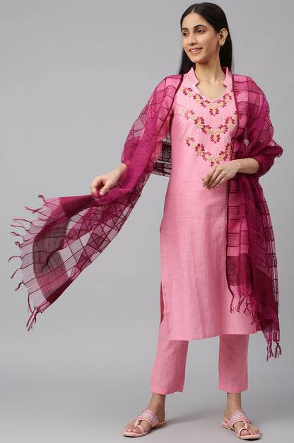 Pink Embroidered kurta-Trousers-Dupatta Set