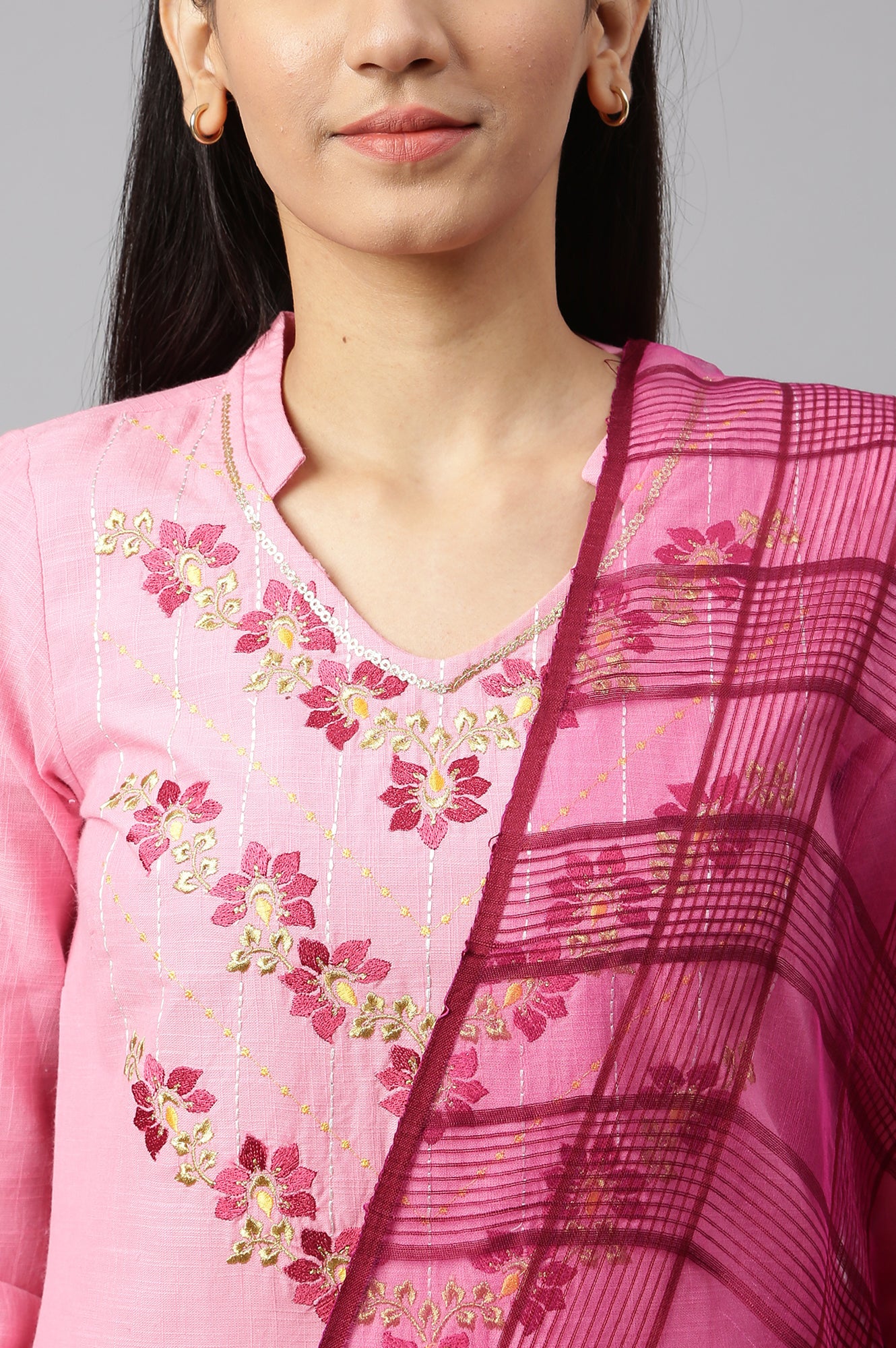 Pink Embroidered kurta-Trousers-Dupatta Set