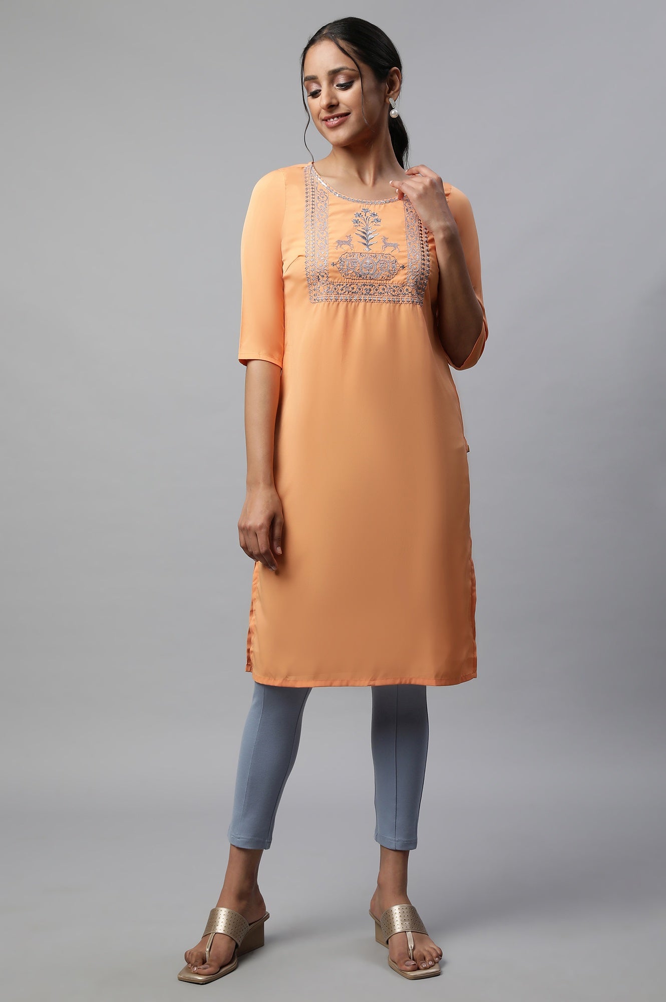 Orange Round Neck Emroidered Straight kurta