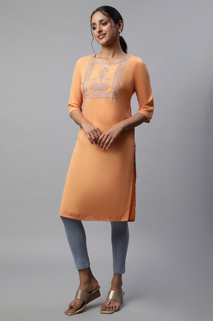 Orange Round Neck Emroidered Straight kurta