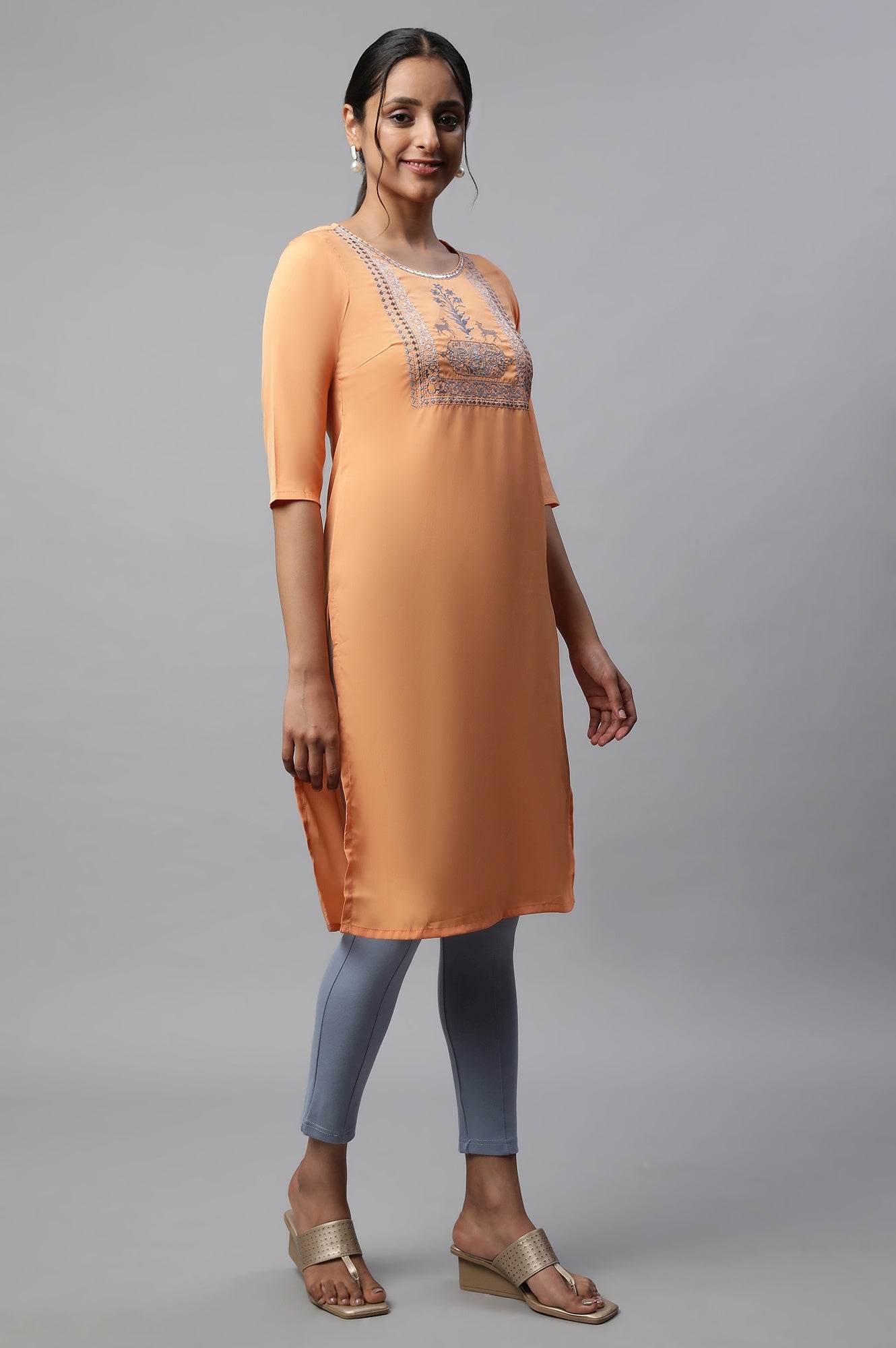 Orange Round Neck Emroidered Straight kurta