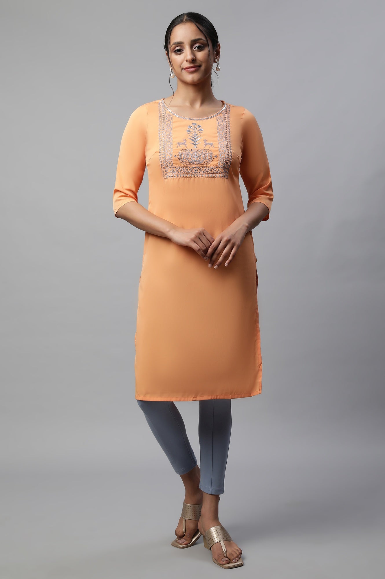 Orange Round Neck Emroidered Straight kurta