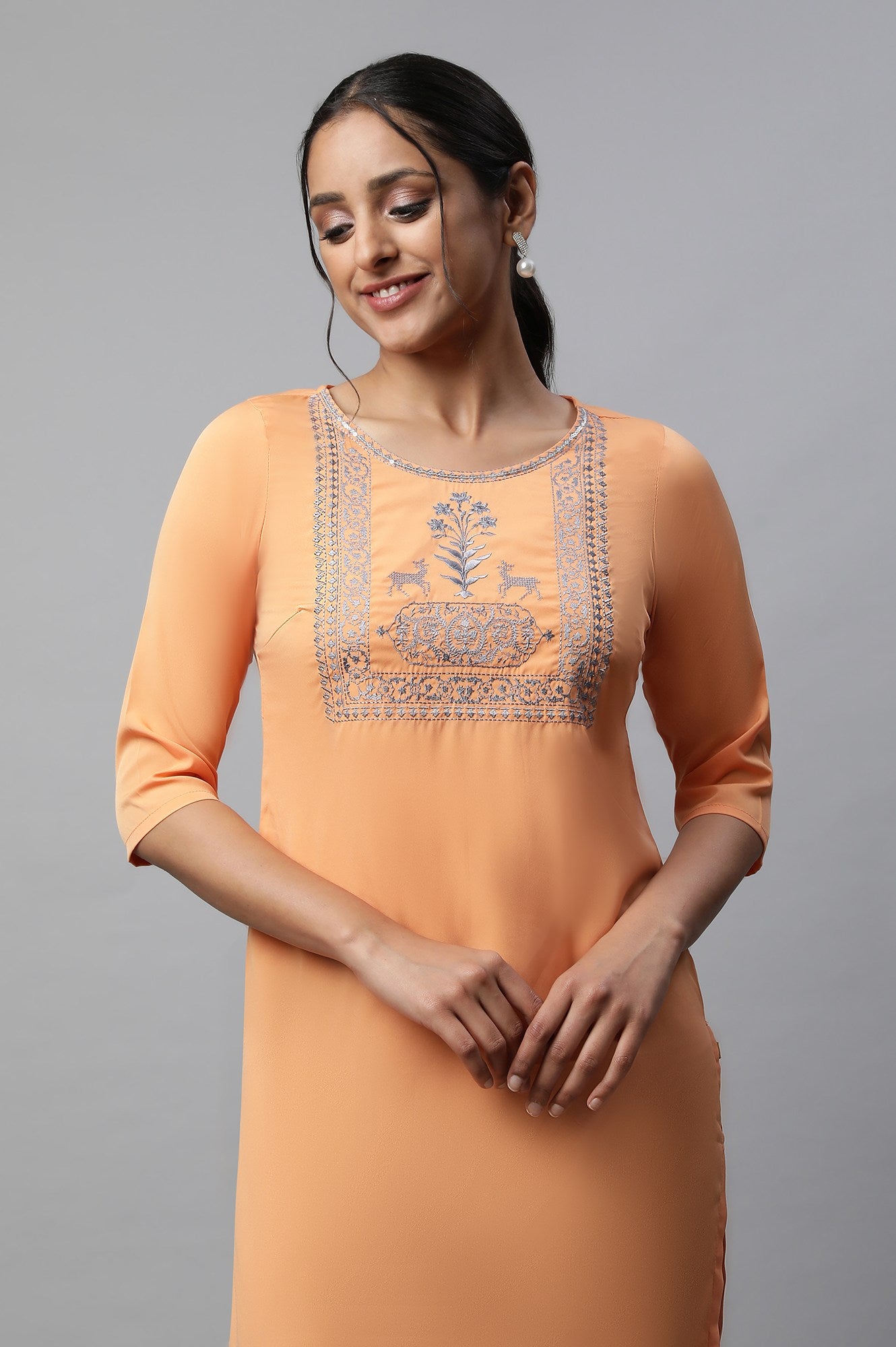 Orange Round Neck Emroidered Straight kurta