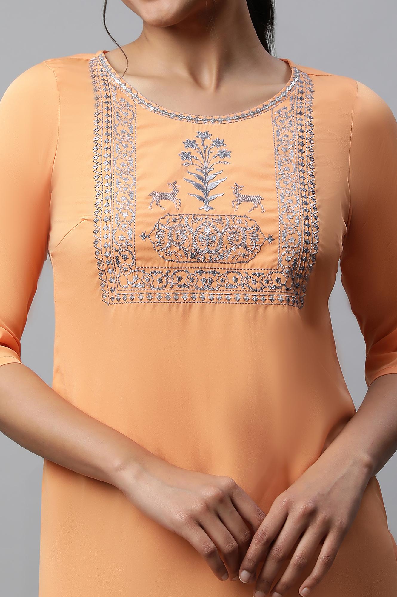 Orange Round Neck Emroidered Straight kurta