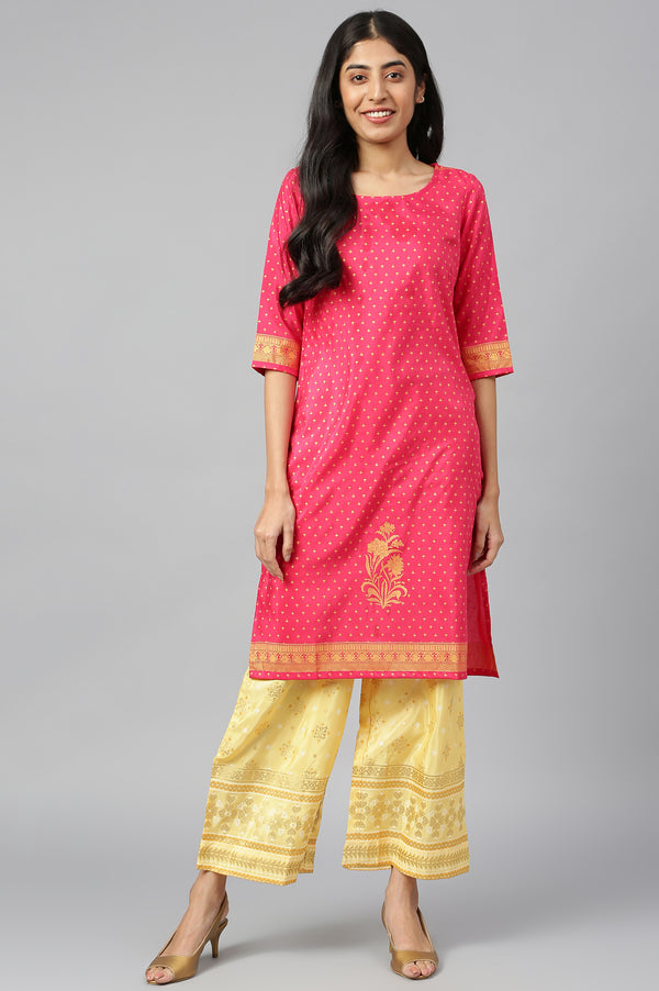 Pink Round Neck Printed kurta