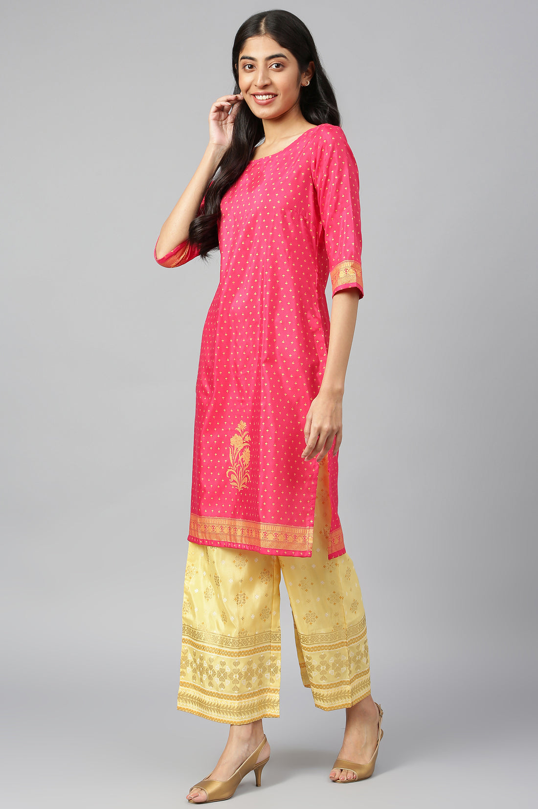 Pink Round Neck Printed kurta