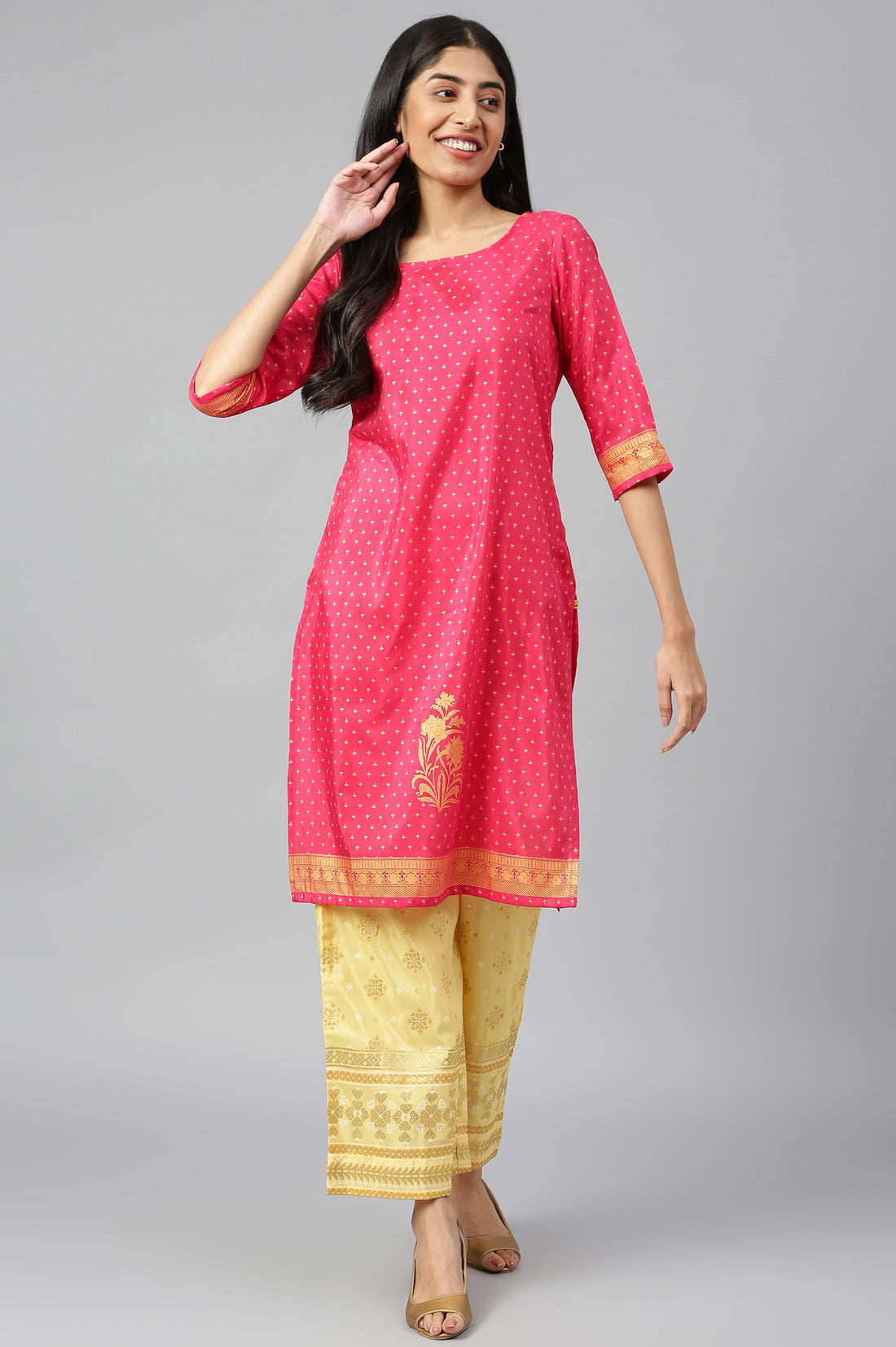Pink Round Neck Printed kurta