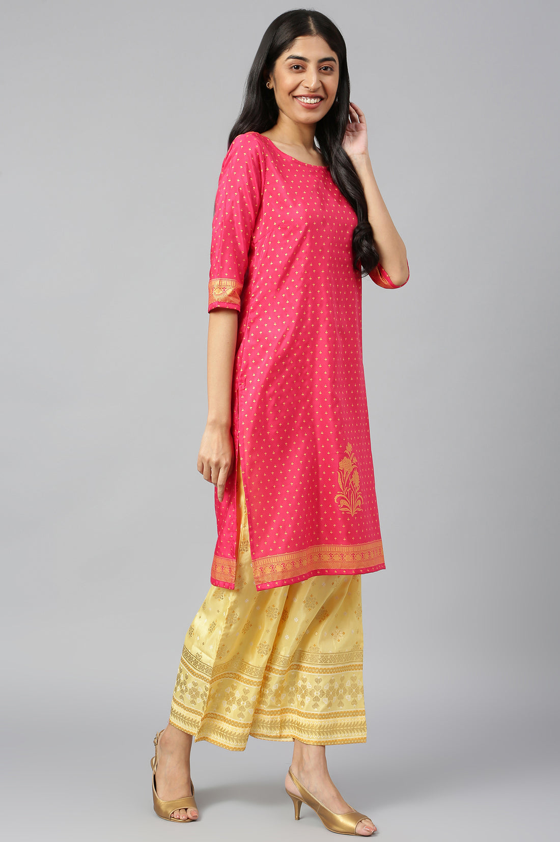 Pink Round Neck Printed kurta