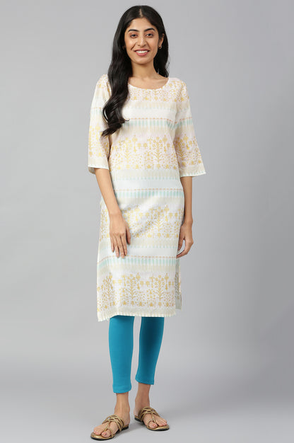 White Round Neck Printed Straight kurta