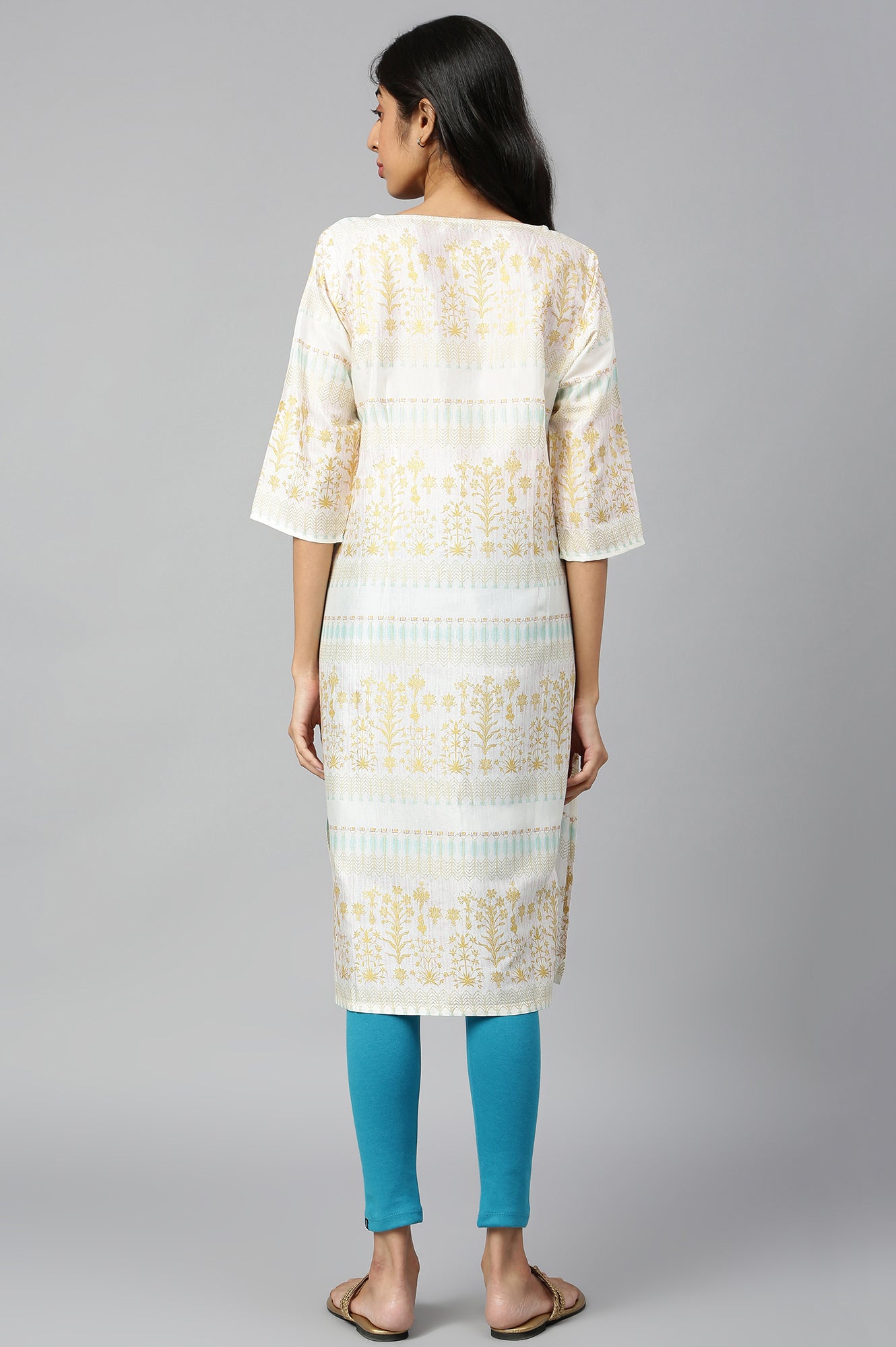 White Round Neck Printed Straight kurta