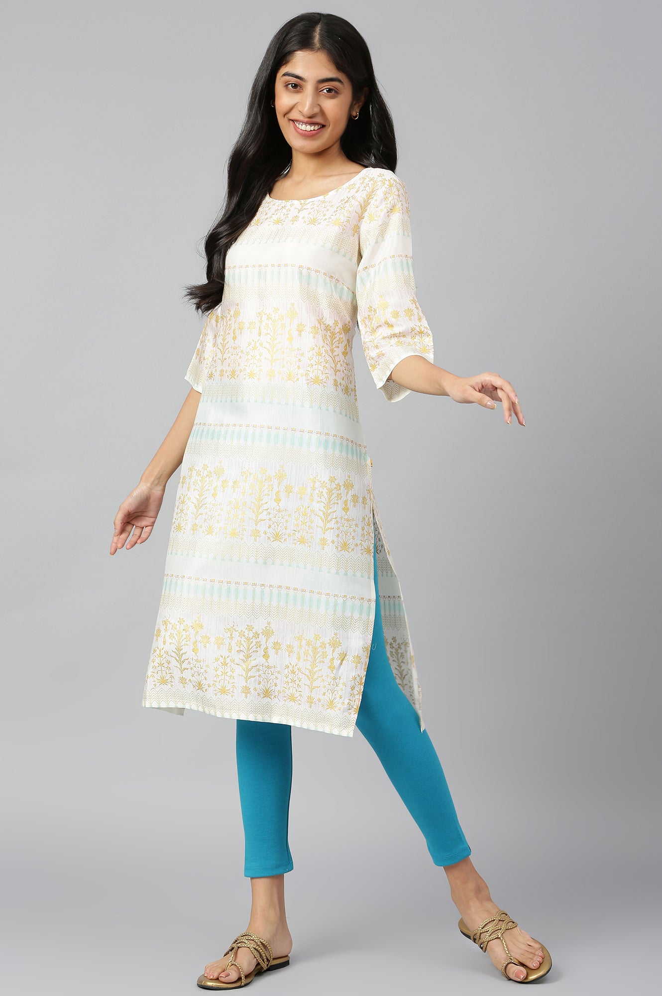 White Round Neck Printed Straight kurta