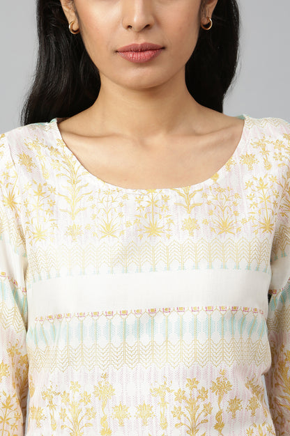 White Round Neck Printed Straight kurta