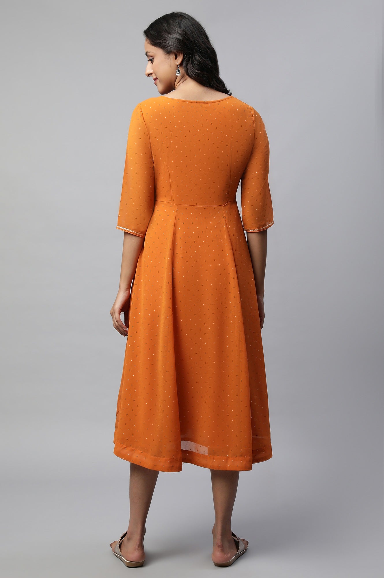 Orange Round Neck Foil Print Flared Dress