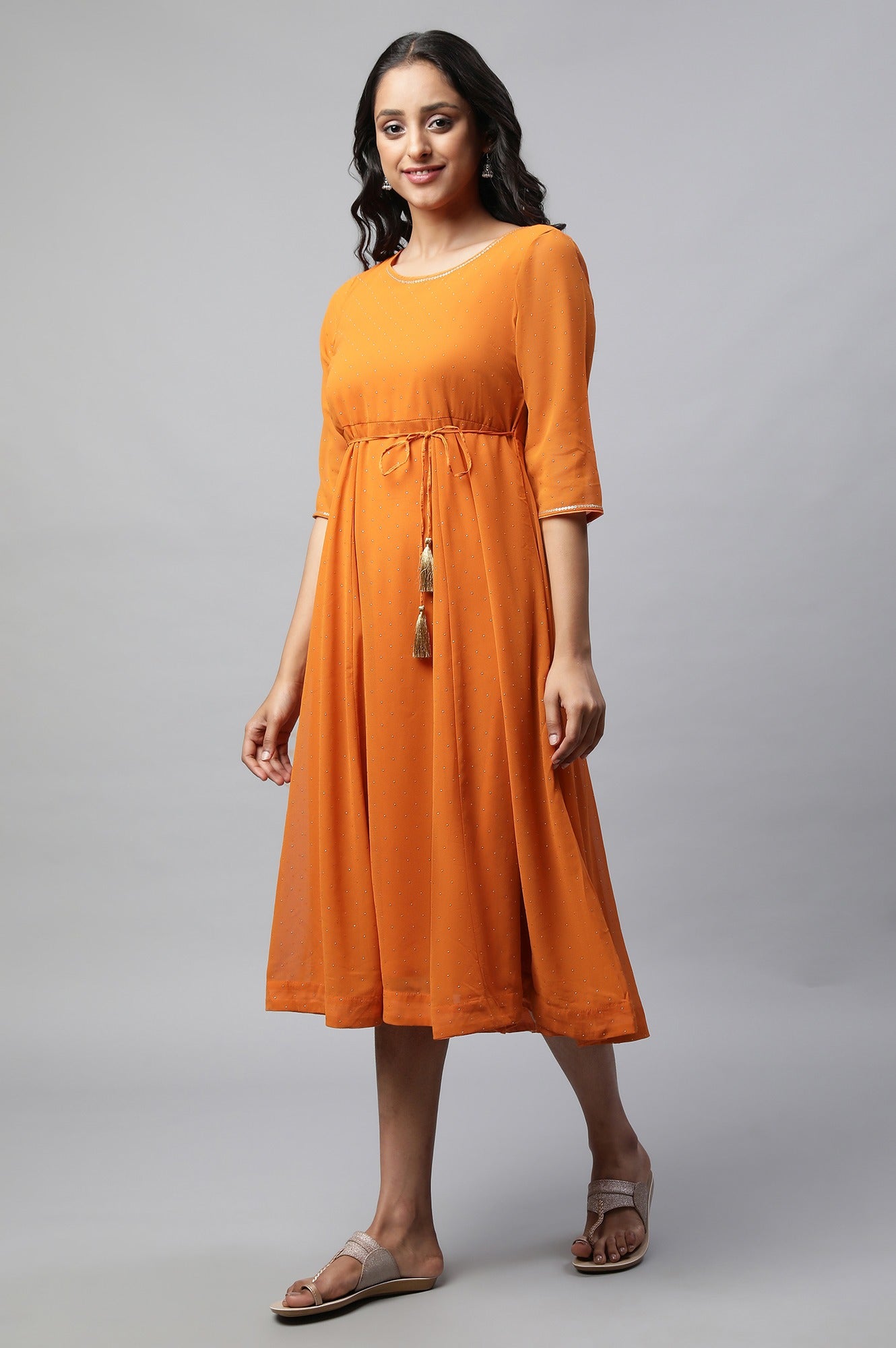 Orange Round Neck Foil Print Flared Dress